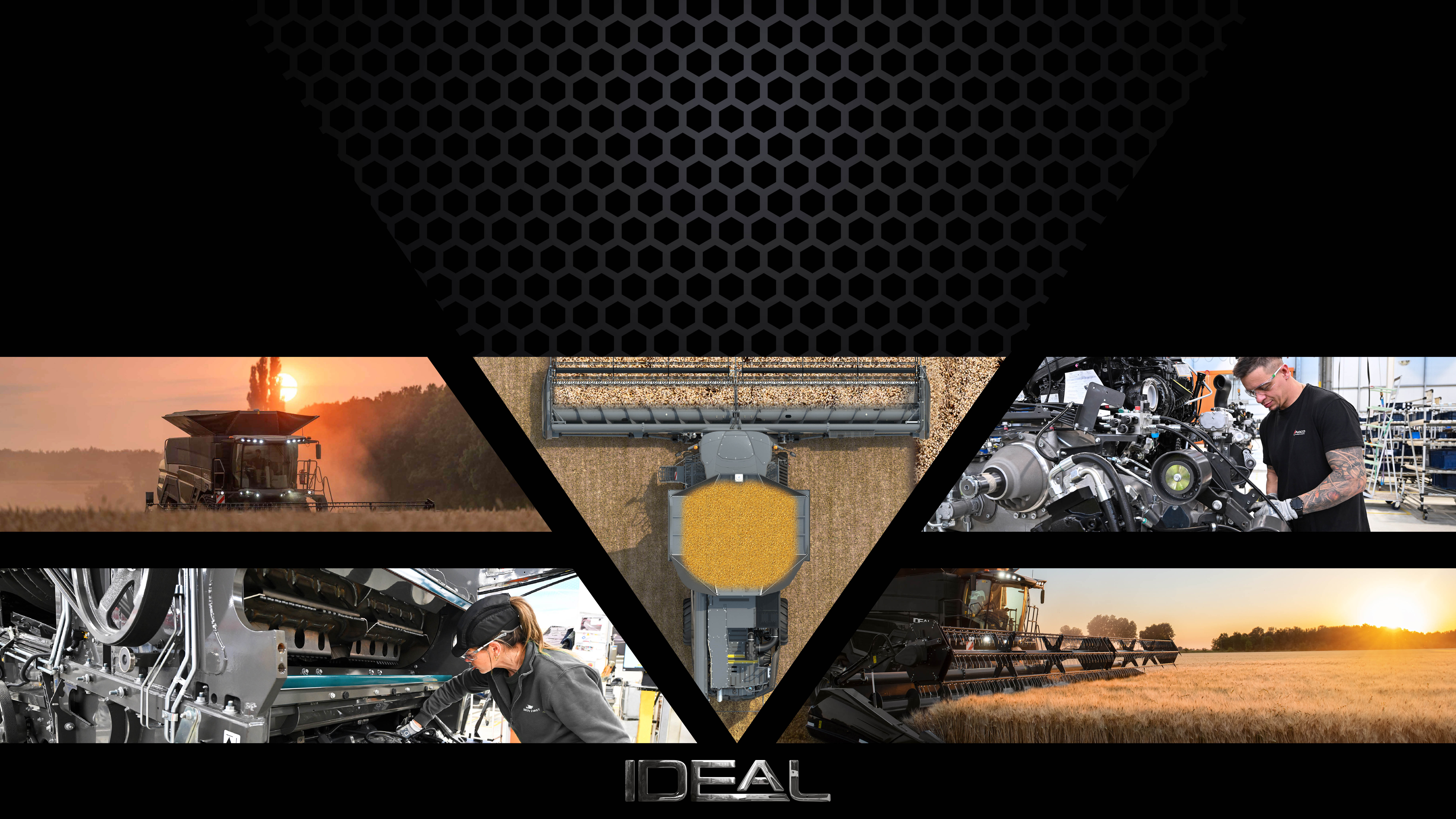 Various images of combine harvesters working and being serviced