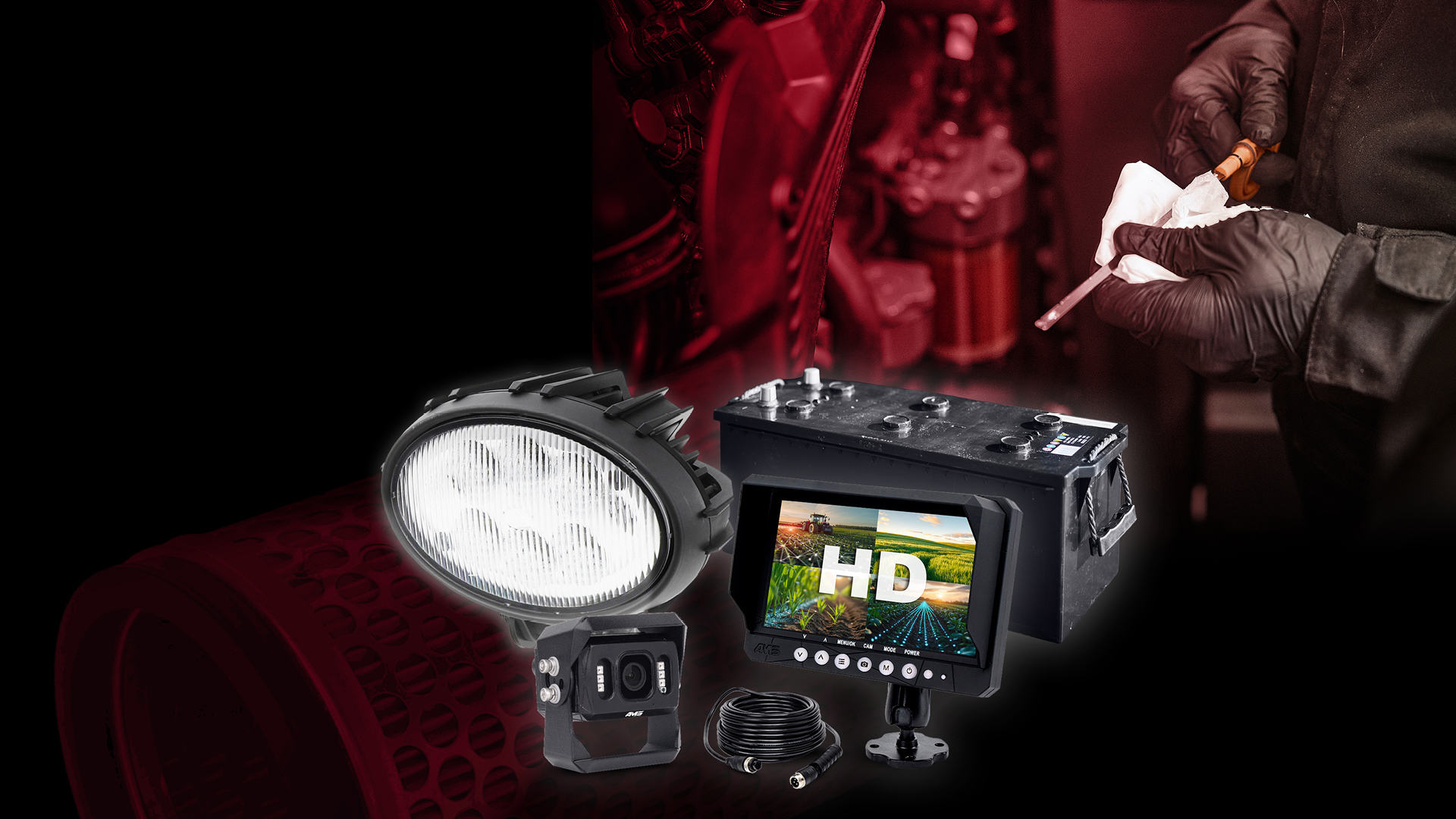 A camera and a light overlayed on a picture of a man checking a dipstick fading to a black background 