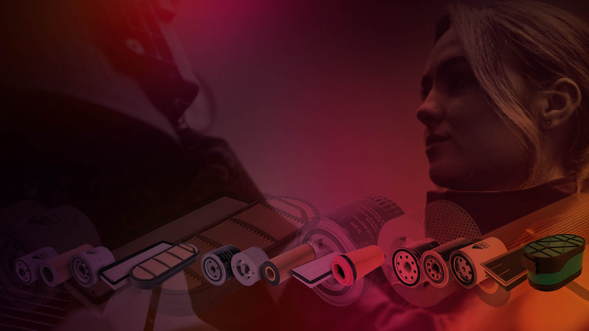 Uno sfondo rosso con due facce e una serie di filtri sovrapposti 